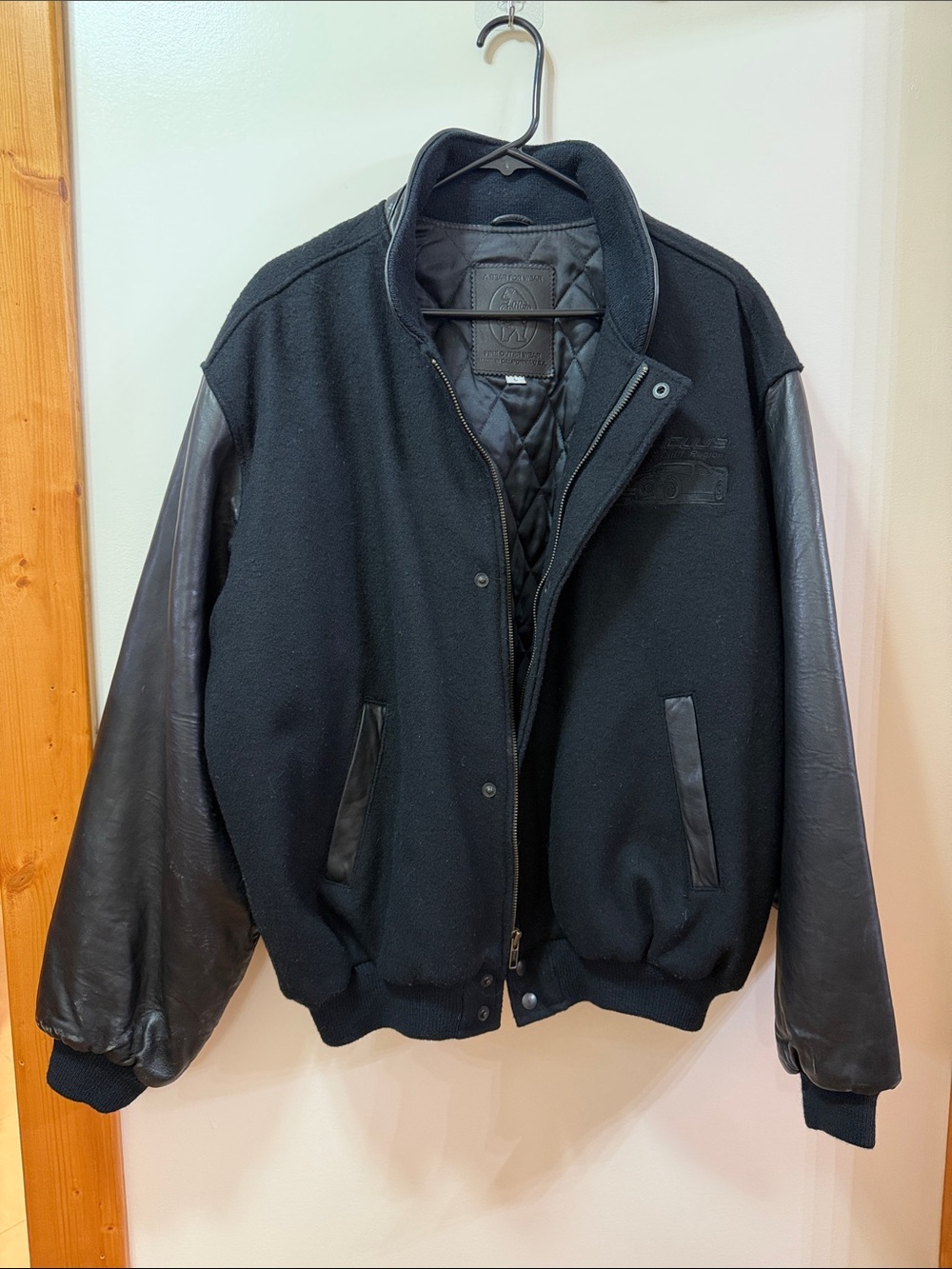 Golden Bear Men's Black Wool & Leather Varsity Jacket with Viper Club Embroidery